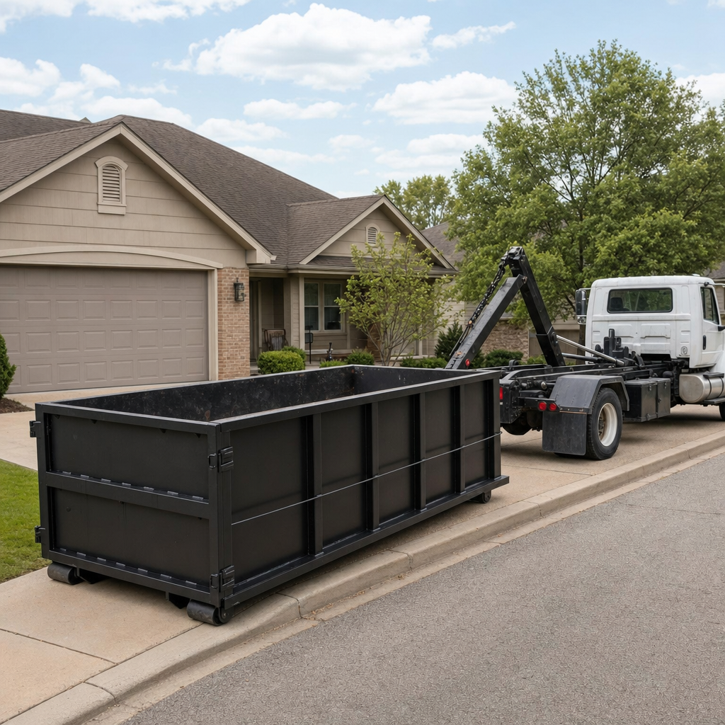 Wide documentary shot of a matte-black roll-off dumpster on a Madison residential driveway in the foreground and a contractor jobsite container in the soft-focus background, bright daylight, calm and orderly composition.