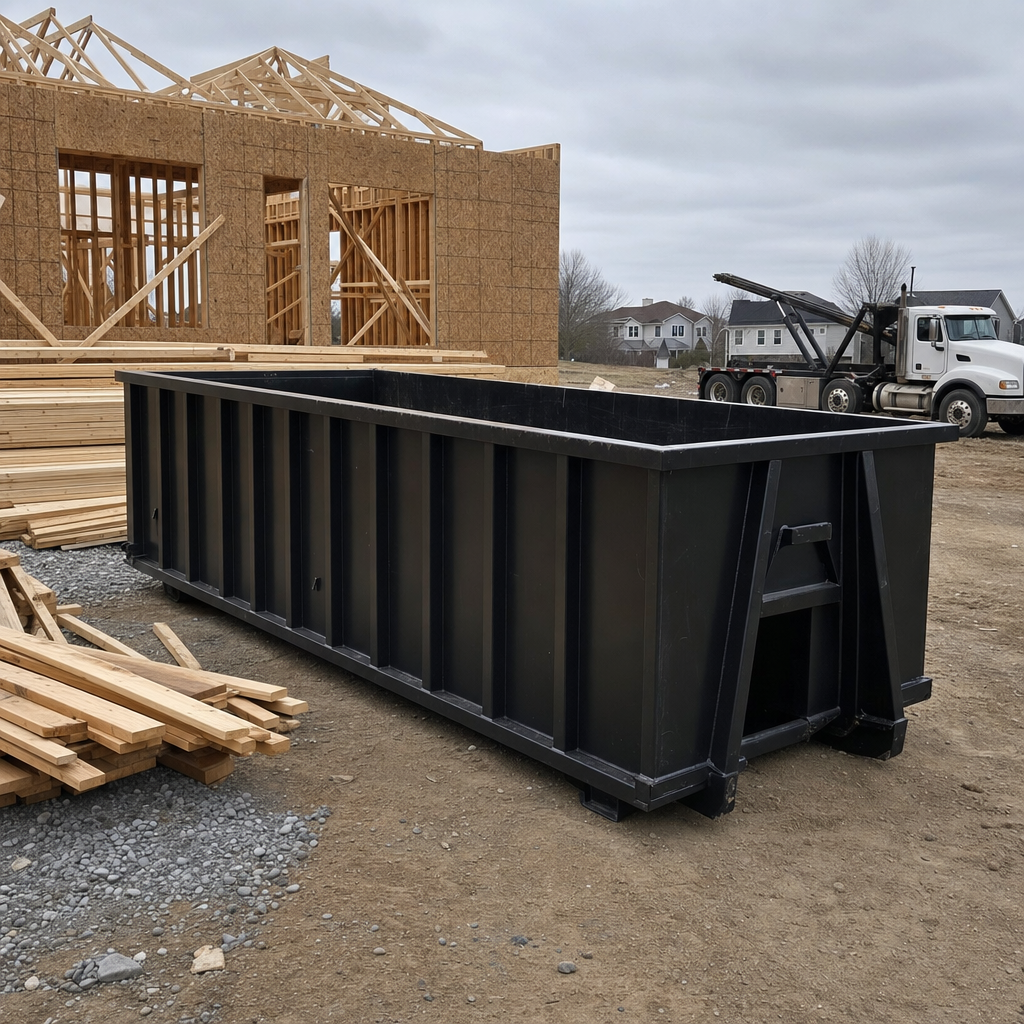 Matte-black 40-yard roll-off dumpster staged on a framed-out residential construction site in Madison, framing lumber stacked nearby, hooklift delivery truck visible in the background under bright Colorado daylight