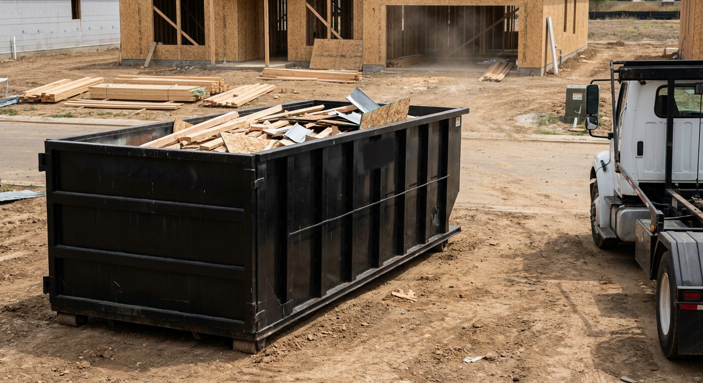 Matte-black 20-yard roll-off construction dumpster with heavy ribbed steel sidewalls and swing rear doors at a working jobsite in Madison, sitting directly on compacted dirt with an unmarked white hauler partially visible at the far edge of the frame.