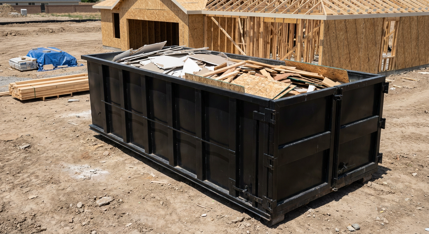 Matte-black 30-yard roll-off construction dumpster sitting directly on the compacted-dirt site of a framed single-family home build in Madison, drywall and lumber scrap loaded inside.