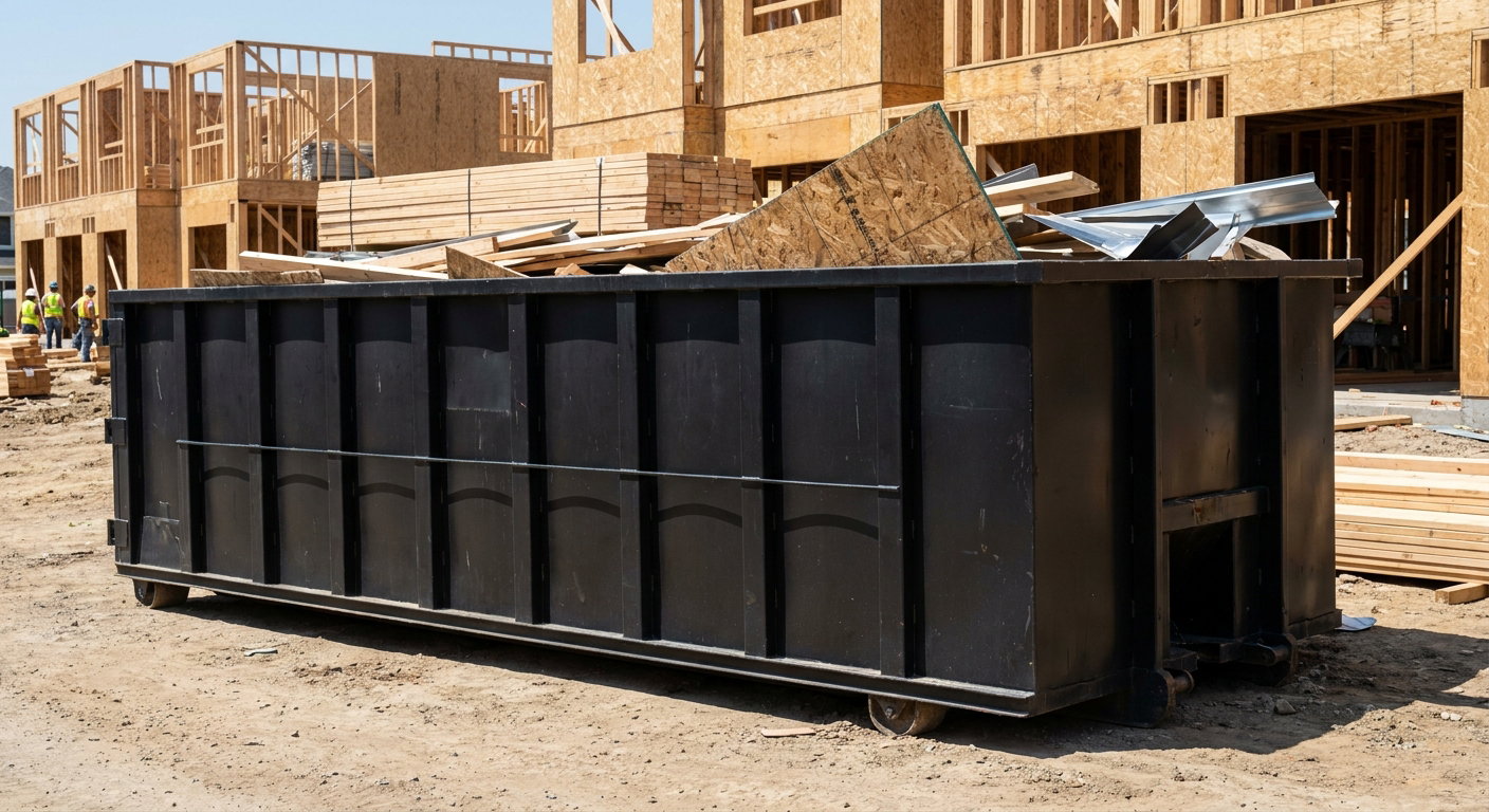 Matte-black 40-yard roll-off construction dumpster being lowered from a white-cab hooklift delivery truck onto the compacted-dirt jobsite at a commercial build site in Madison