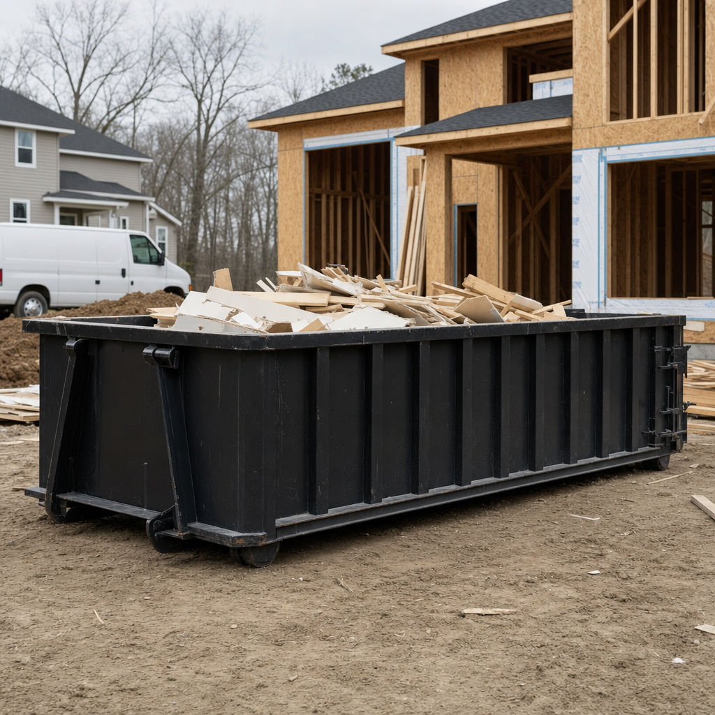 Worker in a yellow high-visibility vest tossing framing lumber and broken drywall into a matte-black 30-yard construction roll-off dumpster on an active build site in Madison, bright daylight