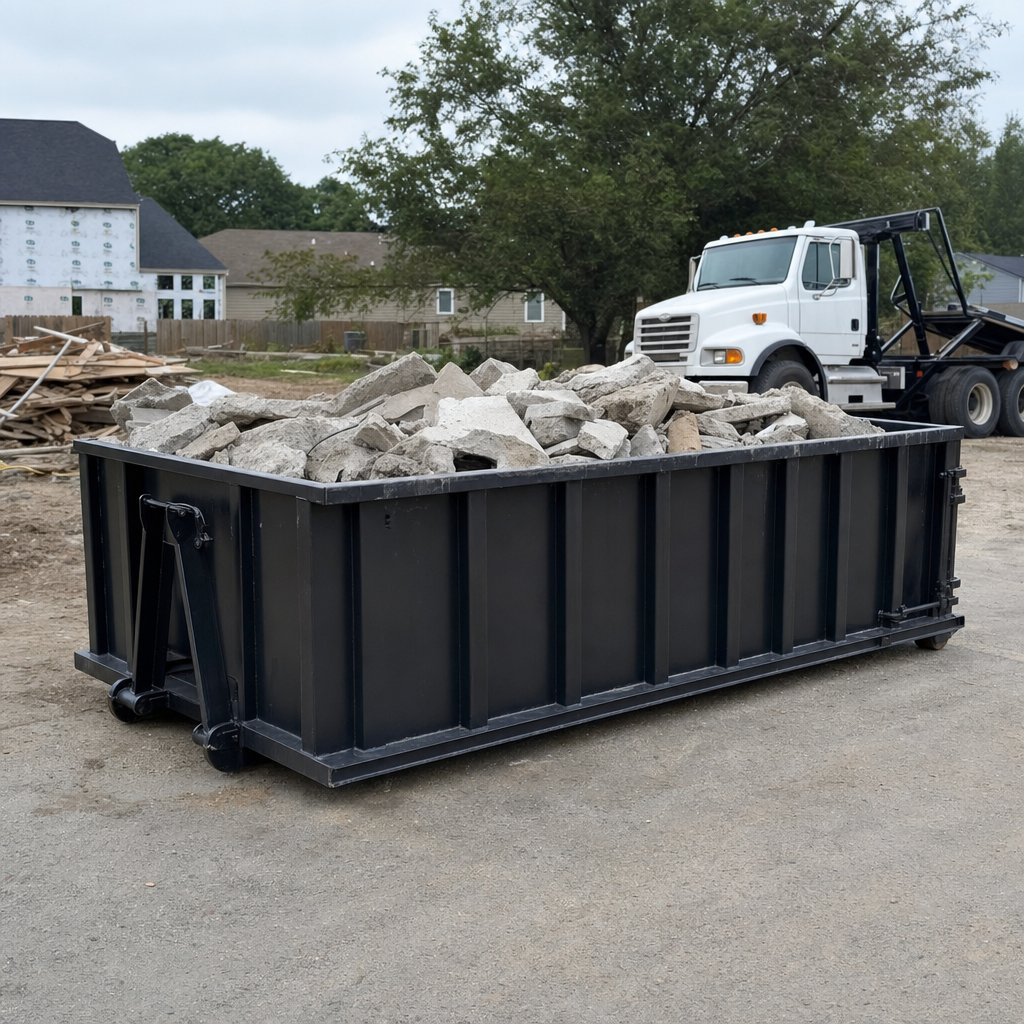 Low-profile matte-black lowboy roll-off dumpster loaded with broken concrete slab and rebar at a foundation tear-out in Madison, skid steer parked beside it, sunny Colorado morning