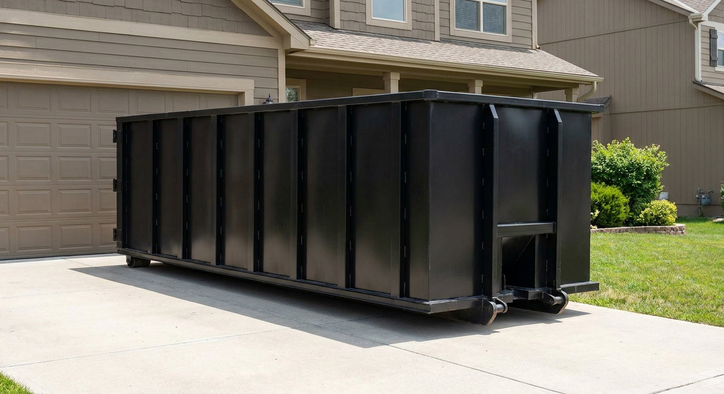 Matte-black residential roll-off dumpster sitting directly on a suburban Madison concrete driveway, garage door closed, single-family home in background, bright morning daylight.
