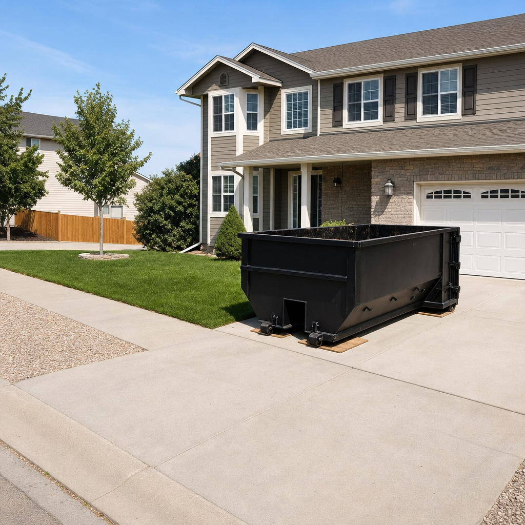 10-yard matte-black residential dumpster placed directly on a narrow Madison concrete driveway, room remains for a parked sedan beside it, mid-morning natural light
