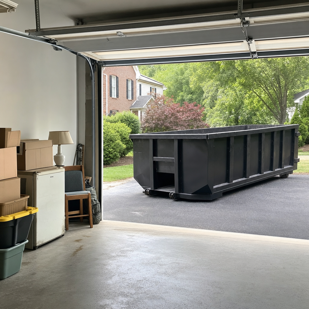 Open garage interior in a Madison home mid-cleanout — boxed items, an old appliance, and stacked yard tools queued near the driveway for a matte-black roll-off dumpster, organized and calm