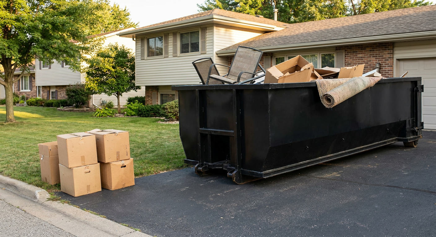 Front-yard view of a Madison split-level home with a 20-yard matte-black roll-off dumpster sitting directly on the asphalt driveway, a few clearly labeled donation boxes staged at the curb, calm sunny afternoon.