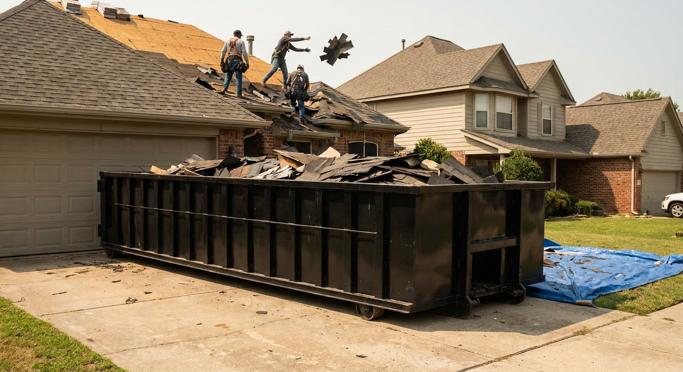 Matte-black roofing roll-off dumpster placed directly on a Madison residential concrete driveway, a tear-off crew on a two-story asphalt-shingle roof tossing shingle bundles into the low-walled container, bright daylight, documentary 35mm perspective.