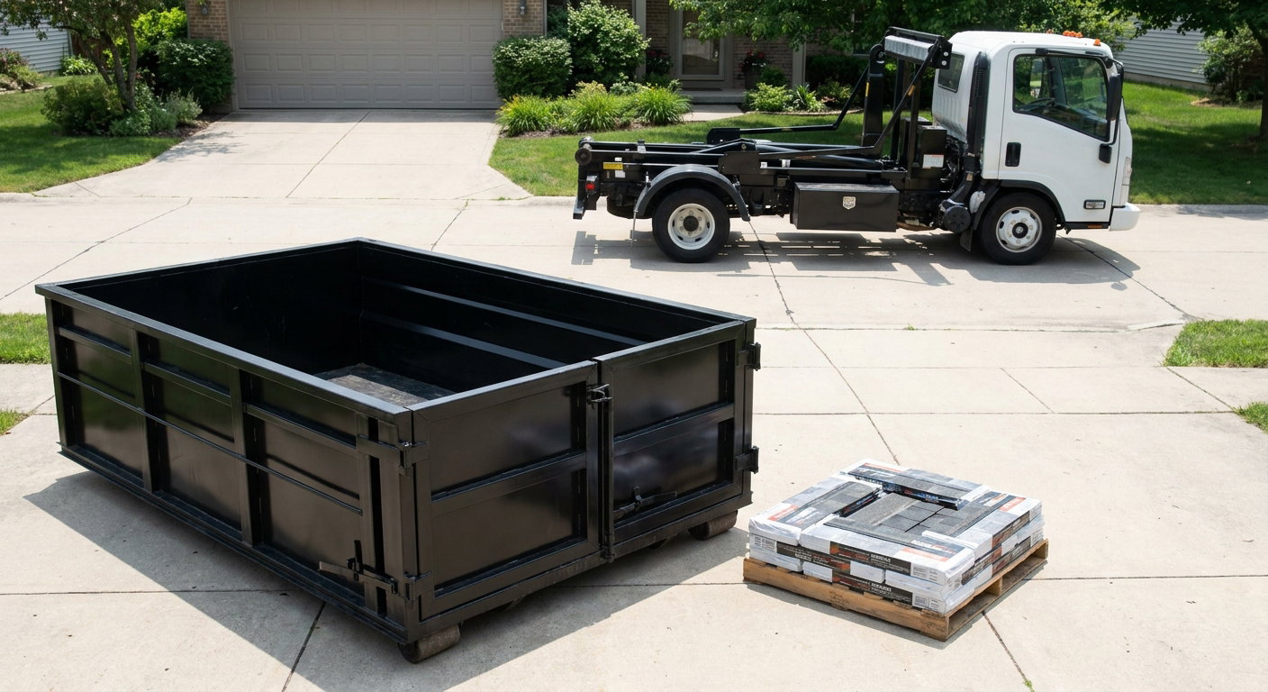 Matte-black 15-yard roofing roll-off dumpster with reinforced low side walls sitting directly on a Madison residential concrete driveway, three-tab asphalt shingle bundles stacked nearby, an unmarked white hauler truck partially visible at the edge of the frame.