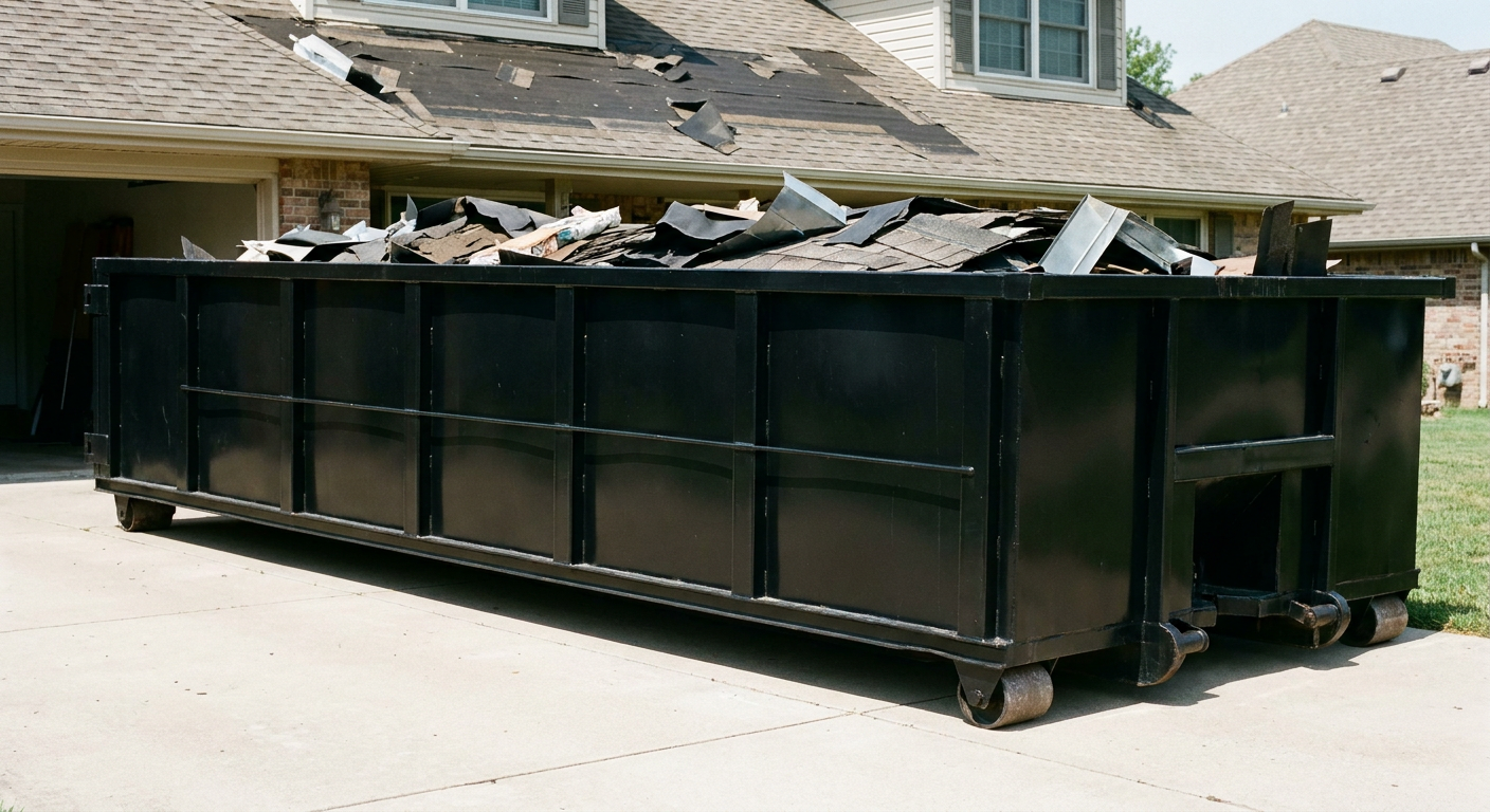 Matte-black 20-yard roofing roll-off dumpster with steel ribbed sides and swinging rear door, sitting directly on the concrete driveway of a two-story Madison home, asphalt shingle debris being loaded over the low wall, clean documentary lighting.