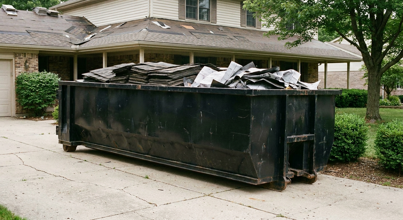 Matte-black 30-yard roofing roll-off dumpster sitting directly on a Madison concrete driveway, taller ribbed steel side panels, mixed tear-off debris of asphalt shingles and underlayment inside, professional documentary daylight.
