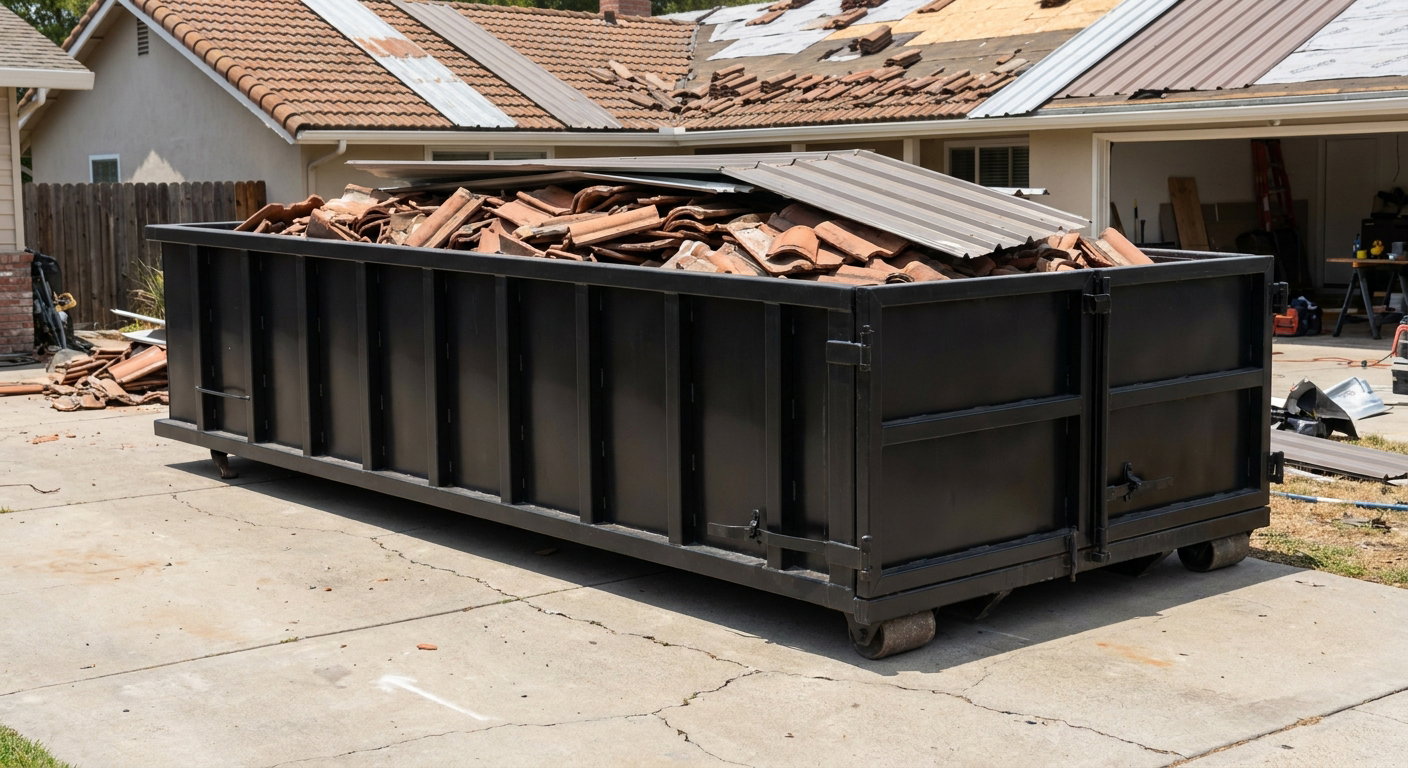 Matte-black low-wall heavy-debris roofing roll-off dumpster sitting directly on a Madison concrete driveway, broken concrete clay roof tiles and metal panel sections loaded inside, reinforced ribbed steel side walls visible, bright outdoor daylight.