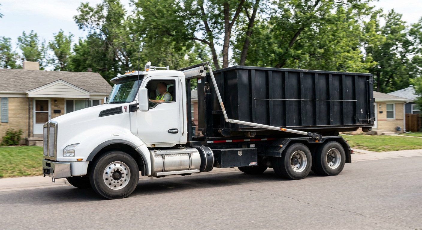 A wide documentary shot of a matte-black roll-off delivery truck pulling onto a quiet Madison residential street at mid-morning, with neighborhood rooftops and tree-lined blocks visible behind, showing the metro coverage footprint.