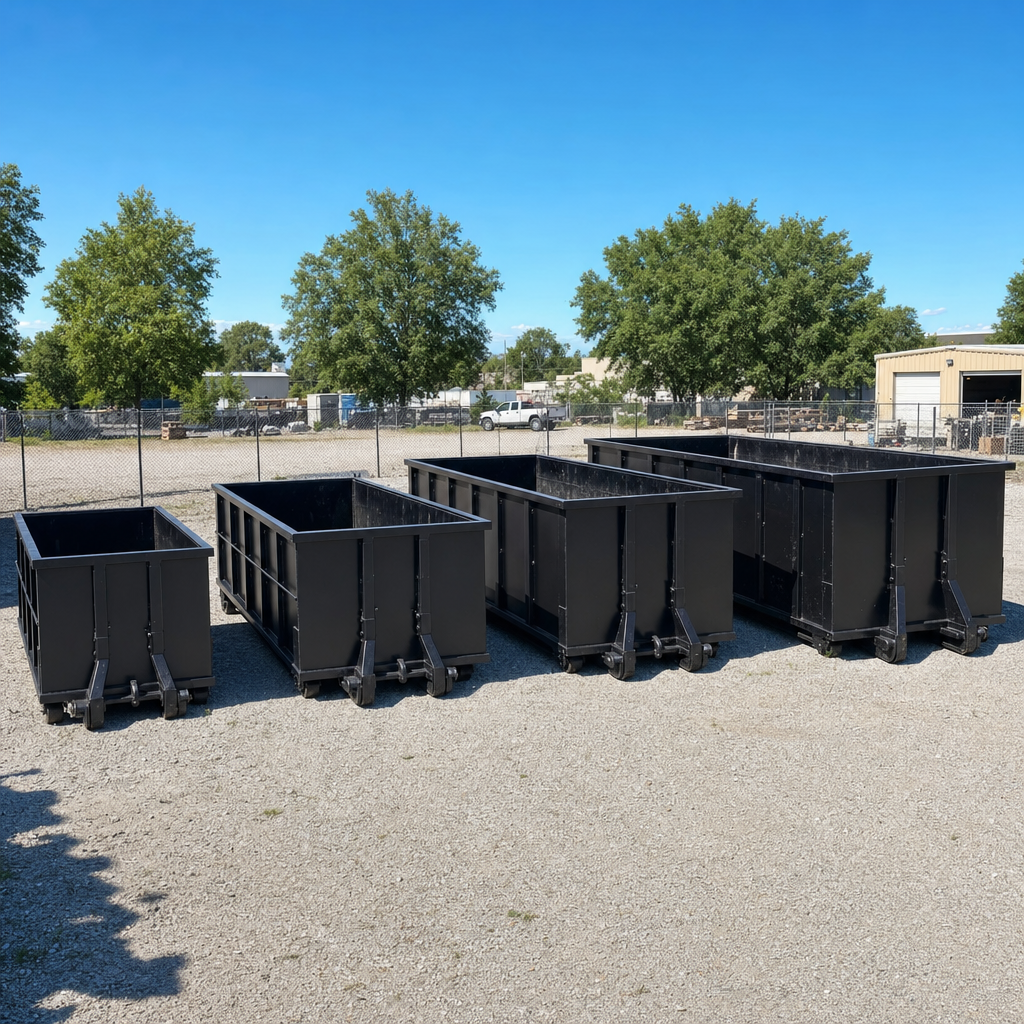 A clean lineup of matte-black roll-off dumpsters in 10, 20, 30, and 40-yard sizes staged on a sunlit gravel yard in Madison, showing the size progression from compact to commercial-scale containers.