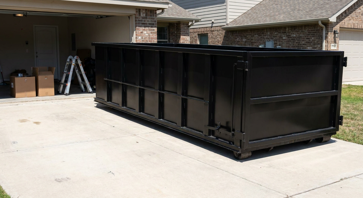 A matte-black 10-yard roll-off dumpster sitting directly on a residential Madison concrete driveway, mid-day sunlight, clean and ready for a garage cleanout.