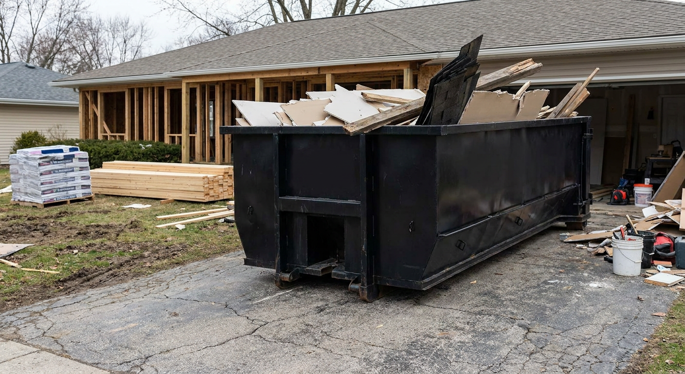 A matte-black 20-yard roll-off dumpster placed alongside a mid-renovation Madison home directly on the asphalt driveway, with framing materials and torn-off shingles staged neatly nearby.