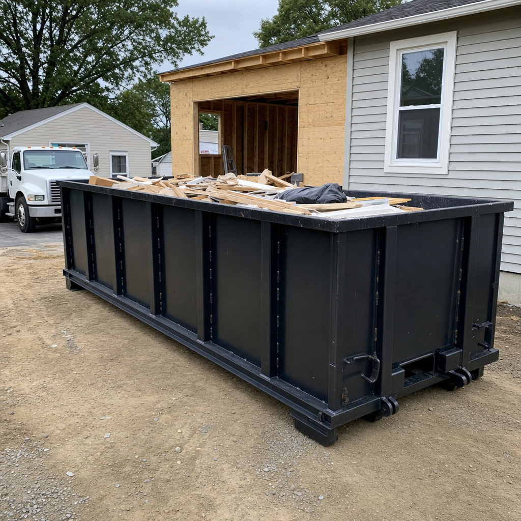 A matte-black 30-yard roll-off dumpster positioned at a Madison residential addition jobsite, with framing lumber and drywall scraps loaded through the open swinging rear doors.
