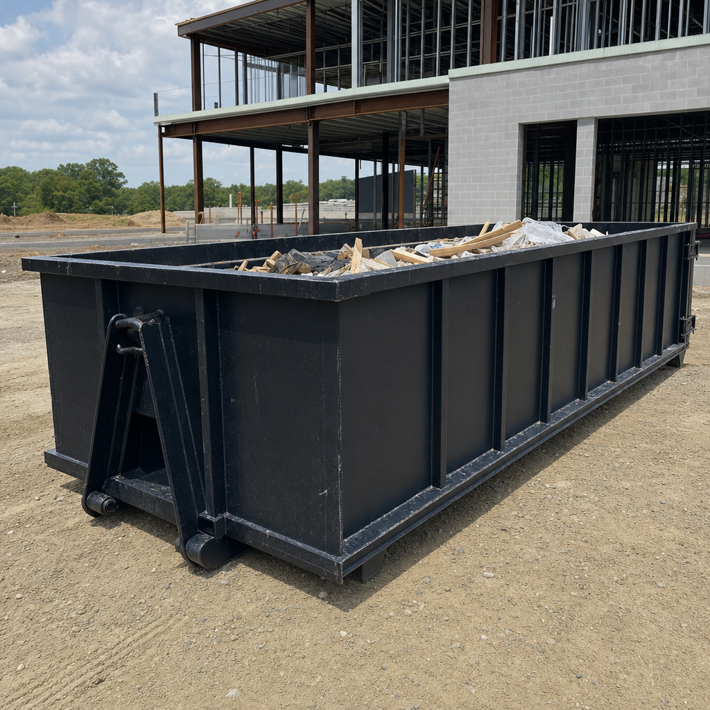 A matte-black 40-yard roll-off dumpster staged on a large Madison commercial construction lot, with a hooklift delivery truck parked alongside under bright midday sky.