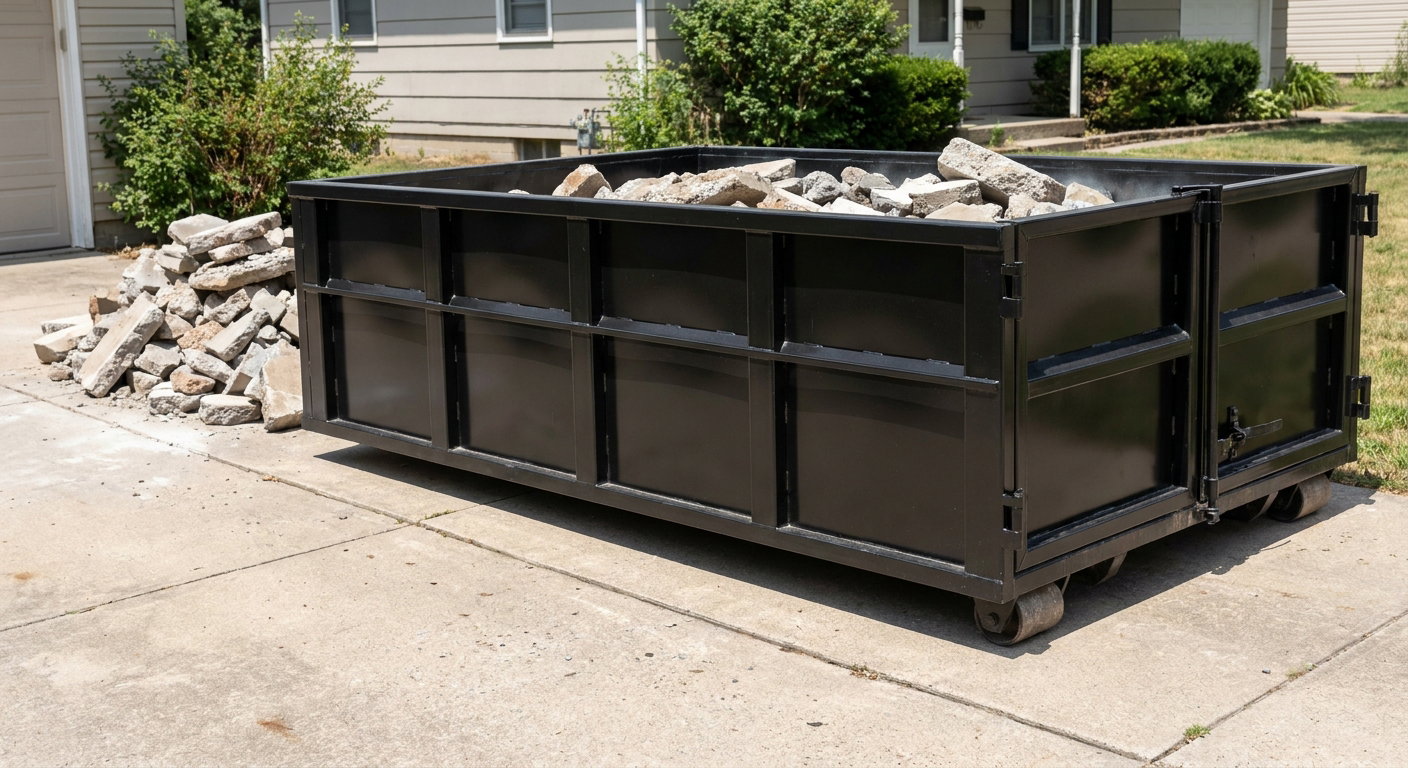 A matte-black low-side heavy-debris roll-off dumpster placed directly on a Madison concrete driveway, with broken concrete chunks neatly stacked beside it under clean daylight.